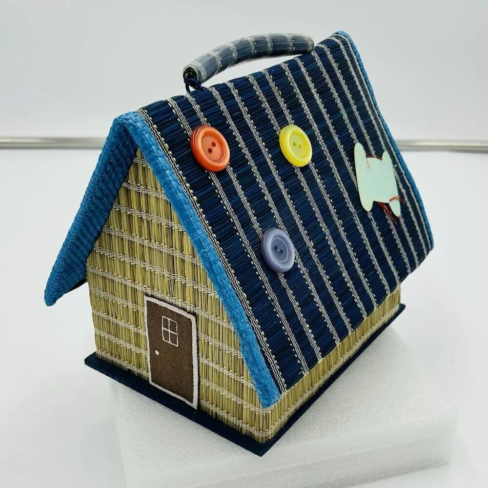 Vintage House Shaped Sewing Case Kit Box Bamboo Woven Japan Satin Lined